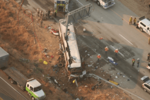 Destroyed fences and bus